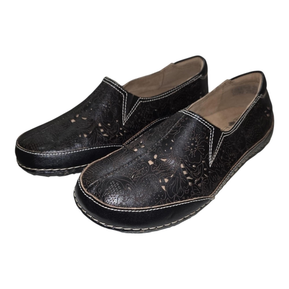 L'Artiste LIBORA Loafer Shoes Hand Painted Leather Flower Perforated 38 7.5-8